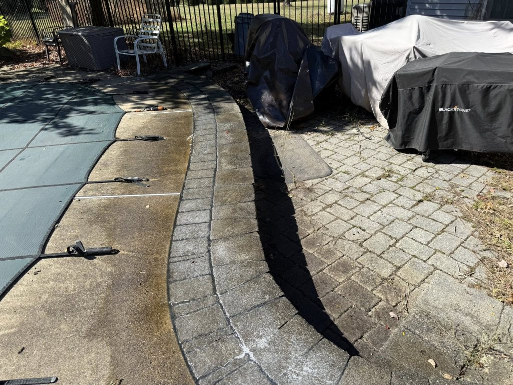 hardscape repair, fixing stone steps by pool and hot tub, spring cleanup